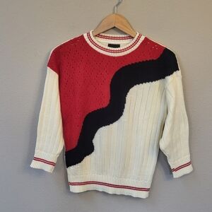 VTG 80s Pullover Sweater Fits S/M Ivory Red Black Colorblock Abstract Gotham